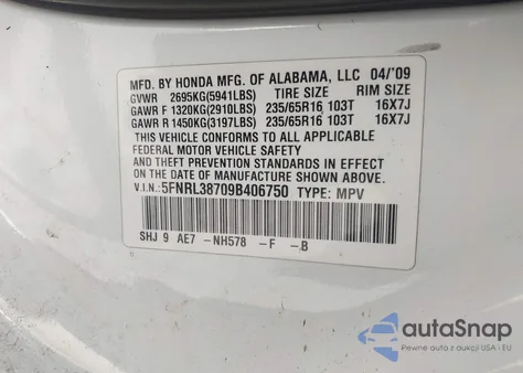 2009 Honda Odyssey Ex-L z USA, uszkodzony, nr VIN 5FNRL38709B406750